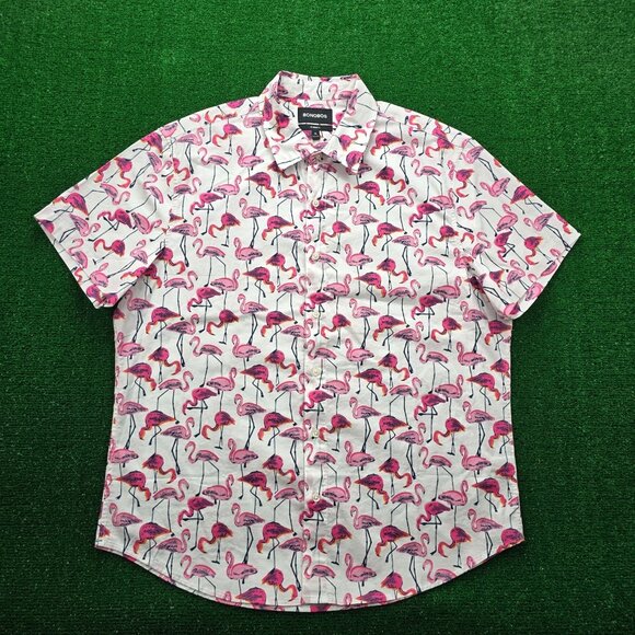 Bonobos Other - Bonobos Shirt Mens XL Pink White Button‎ Up Short Sleeve Flamingos AOP Preppy